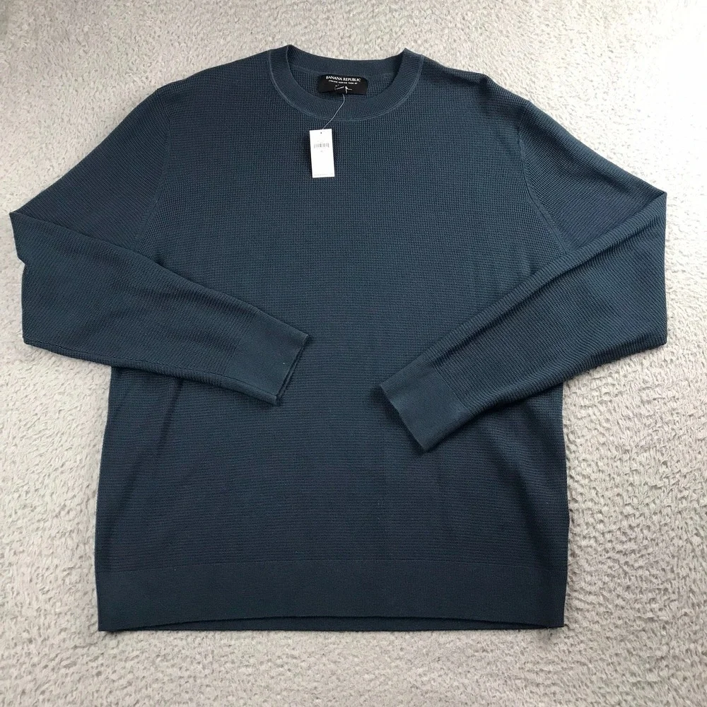 Banana Republic Italian Merino Waffle-Knit Sweater Men XL Blue Pullover NEW NWT